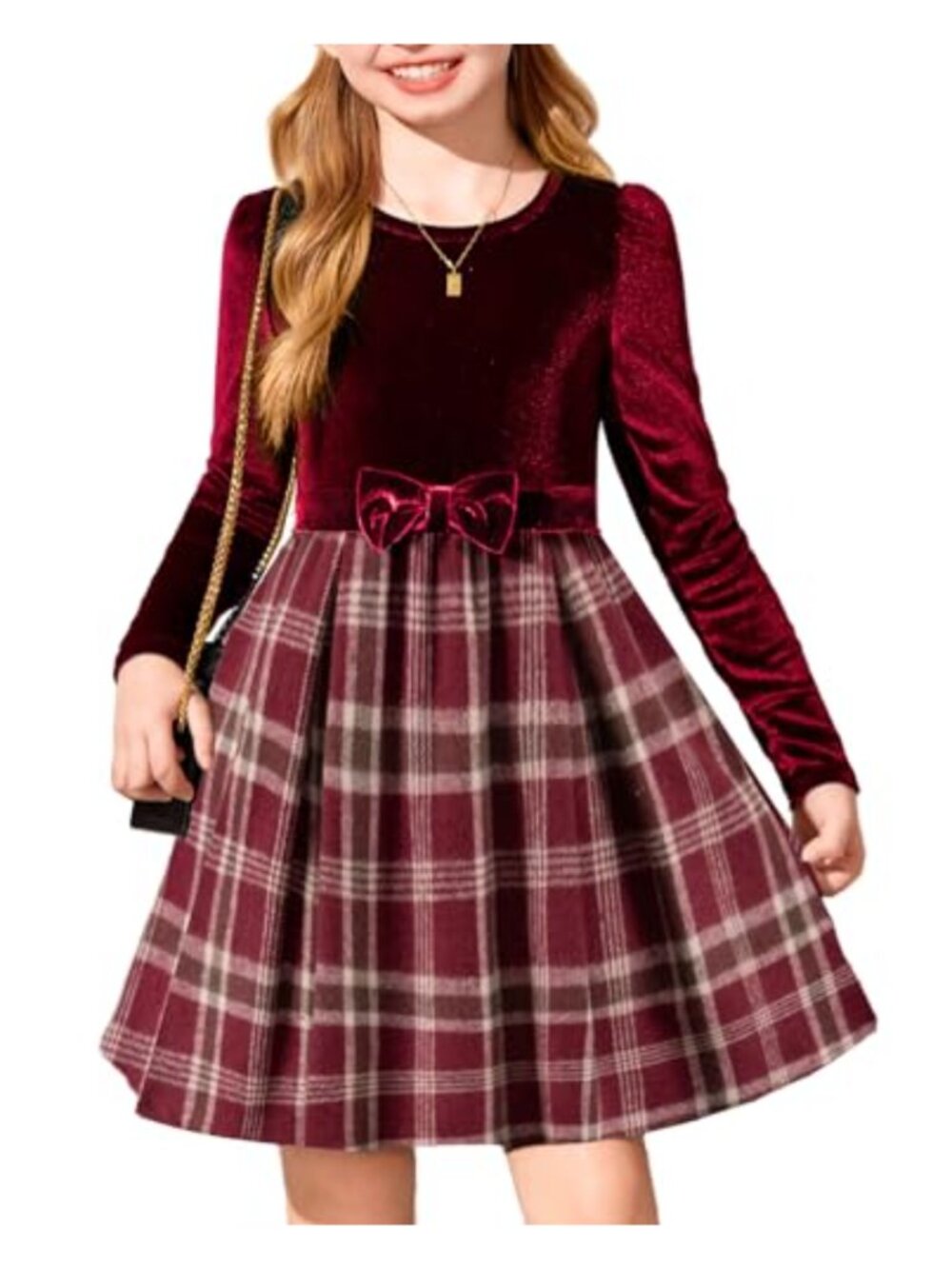 Girls Long Sleeve Velvet Plaid Patchwork Holiday Party Dress with Pockets
